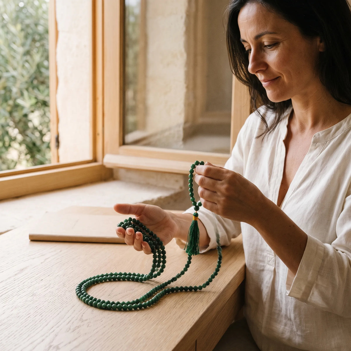 Mujer sosteniendo un japamala de jade verde de 108 cuentas con borla verde junto a una ventana de madera.