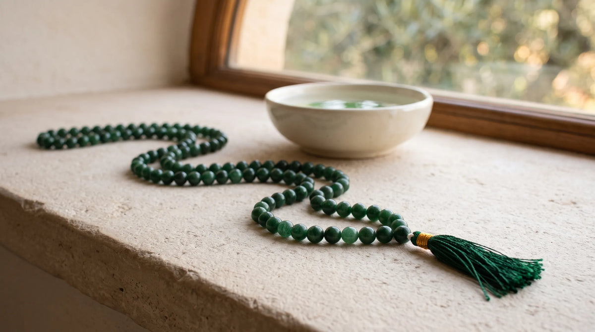 Japamala de jade verde de 108 cuentas extendido sobre una superficie de piedra clara, con borla verde y cuenco de cerámica.