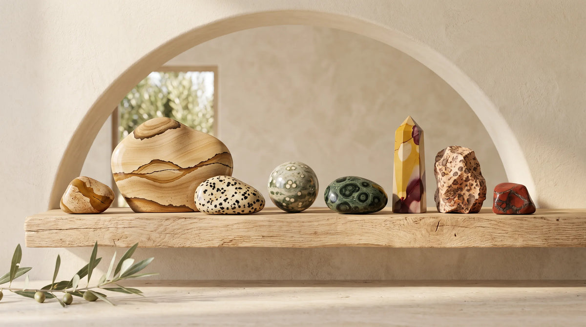 Colección de jaspe natural en diferentes colores y variedades, con piedras pulidas, esferas y punta de jaspe sobre una estantería de madera clara.
