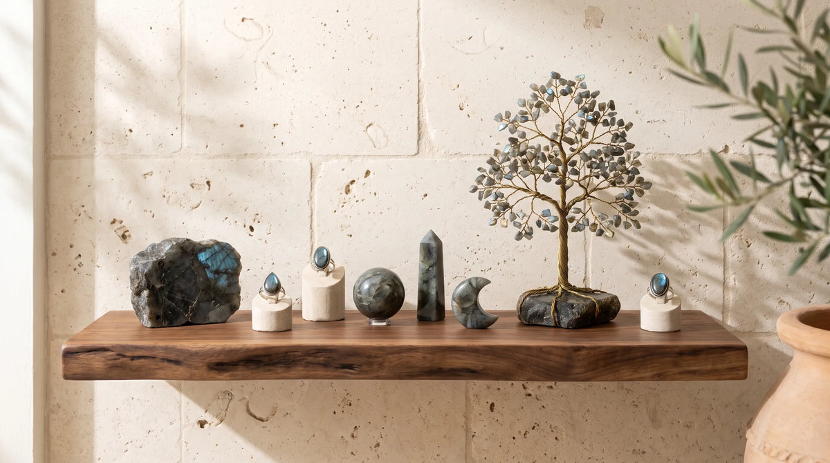 Colección de labradorita con piedra natural, joyas, esculturas y árbol de la vida
