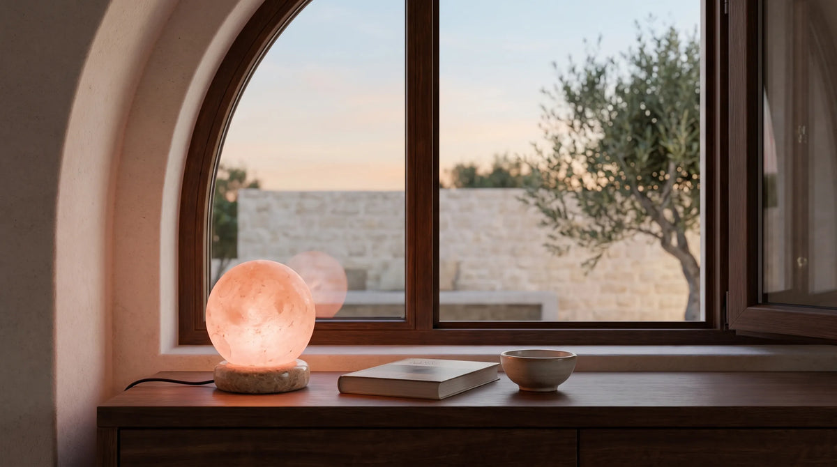 Lámpara de sal bola del Himalaya encendida sobre una mesa junto a una ventana al atardecer anna piedra