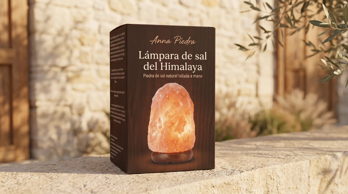 Lámpara de sal natural del Himalaya presentada en su caja Anna Piedra