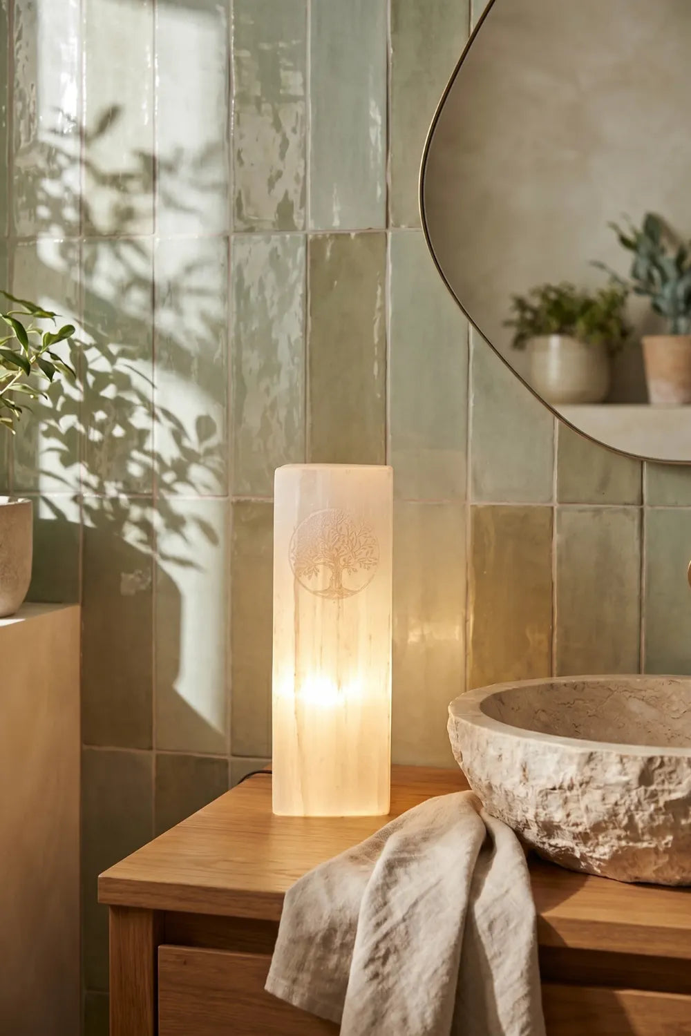 Lámpara selenita árbol de la vida encendida baño con luz cálida plantas - Anna Piedra