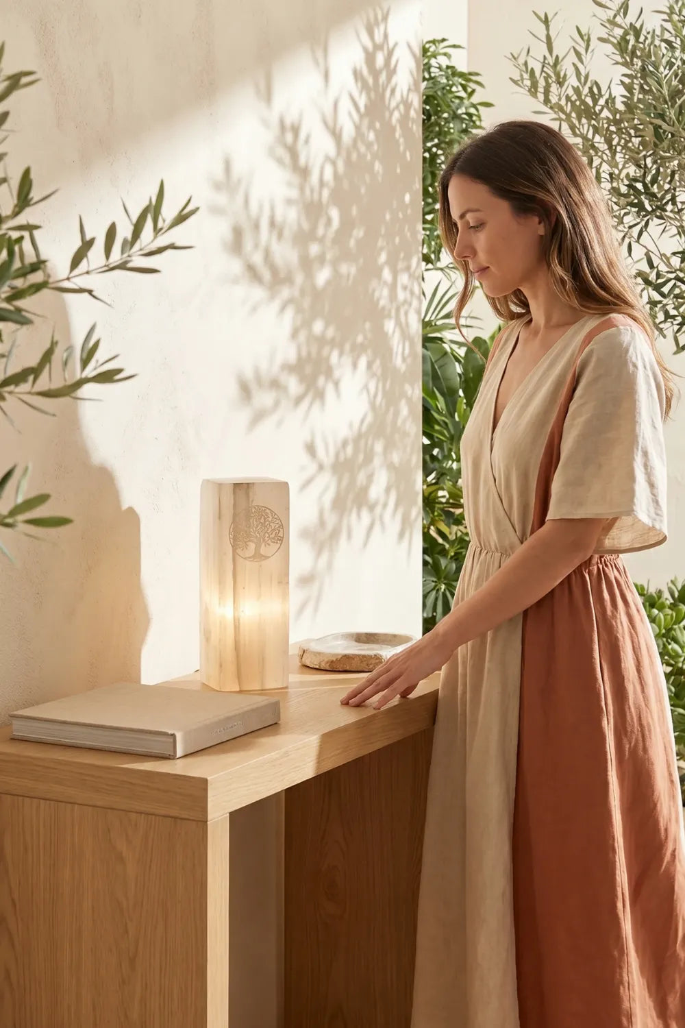 Lámpara selenita árbol de la vida encendida mientras mujer toca luz cálida - Anna Piedra