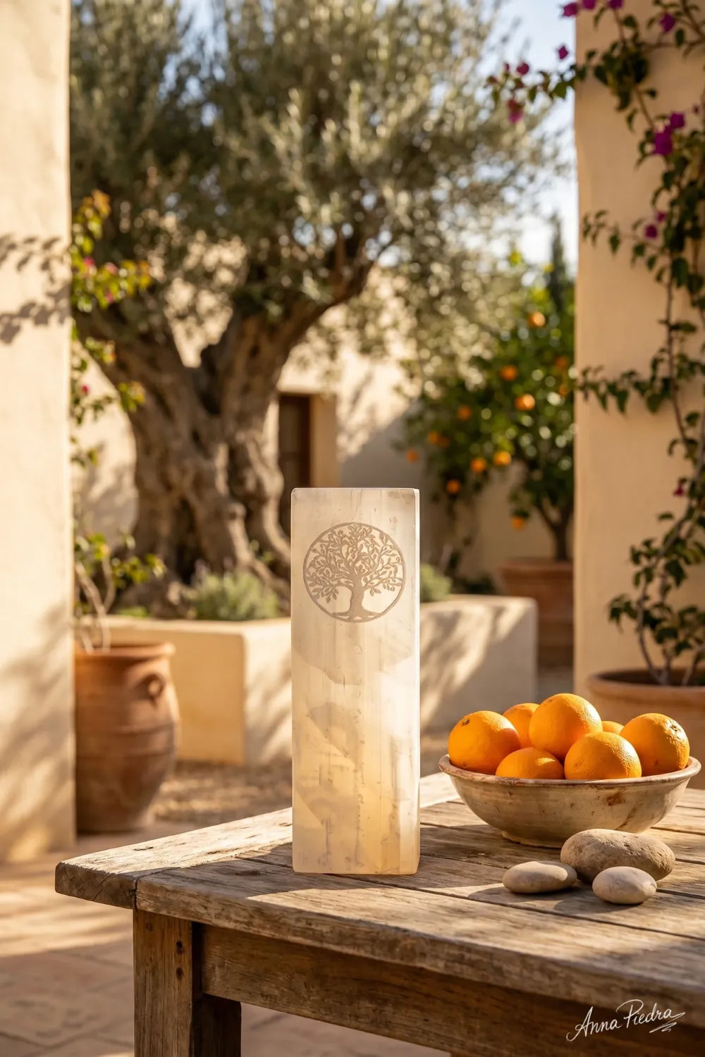 Lámpara selenita árbol de la vida sobre mesa madera jardín mediterráneo con naranjas - Anna Piedra