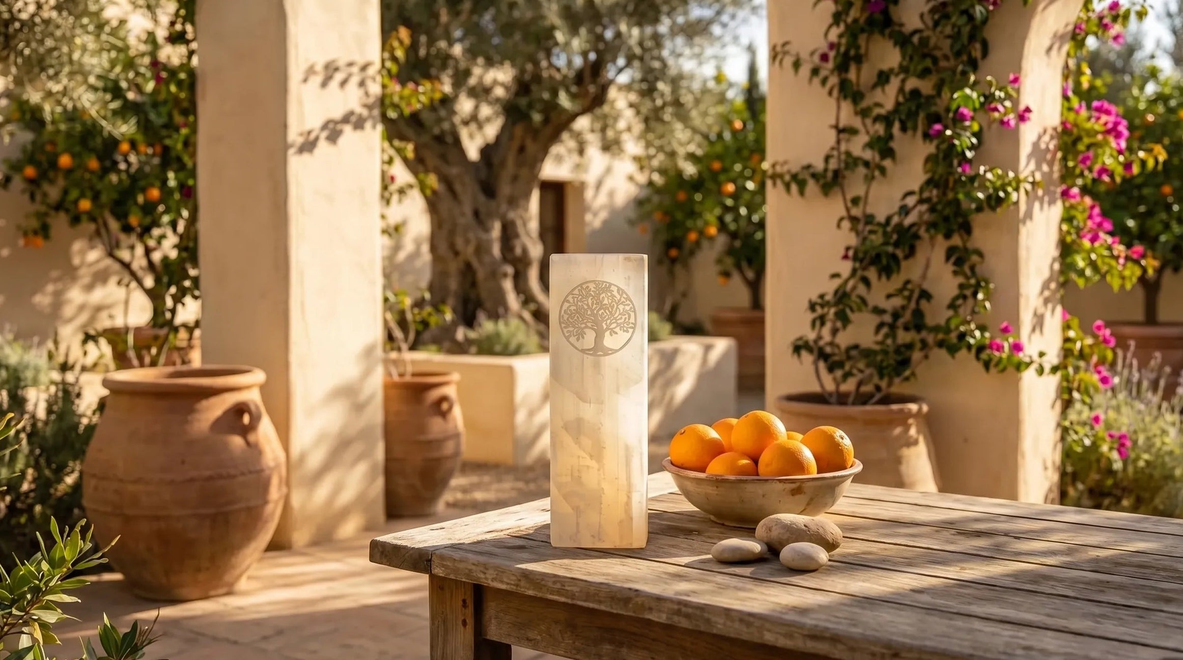 Lámpara selenita árbol de la vida sobre mesa terraza con jardín mediterráneo - Anna Piedra