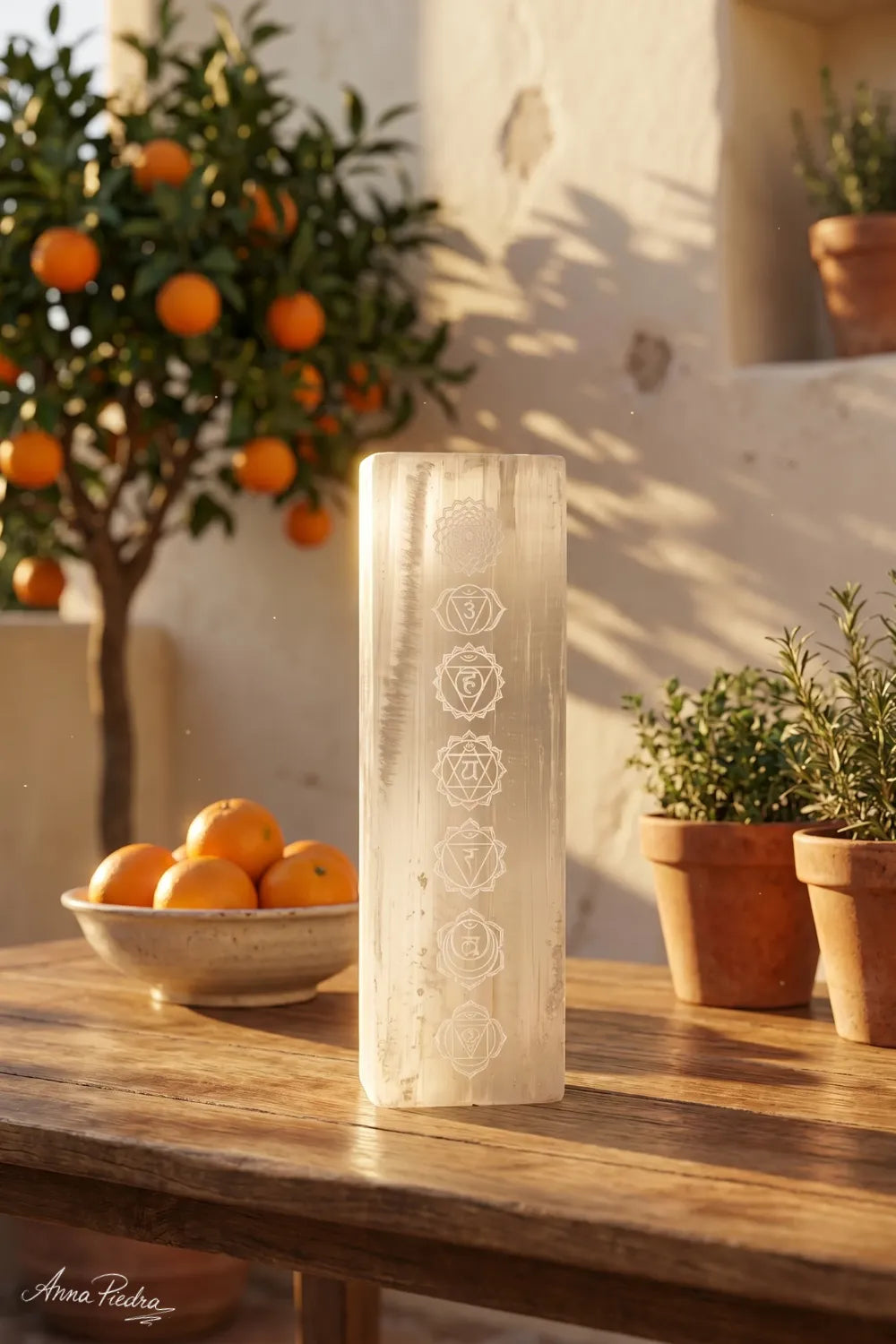 Lámpara de selenita chakras encendida mesa madera naranjas plantas luz natural - Anna Piedra