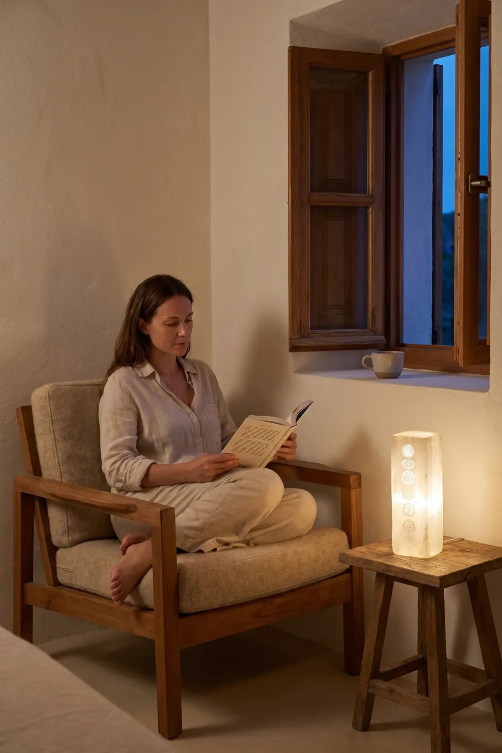 Lámpara de selenita chakras encendida mientras mujer lee libro salón atardecer - Anna Piedra