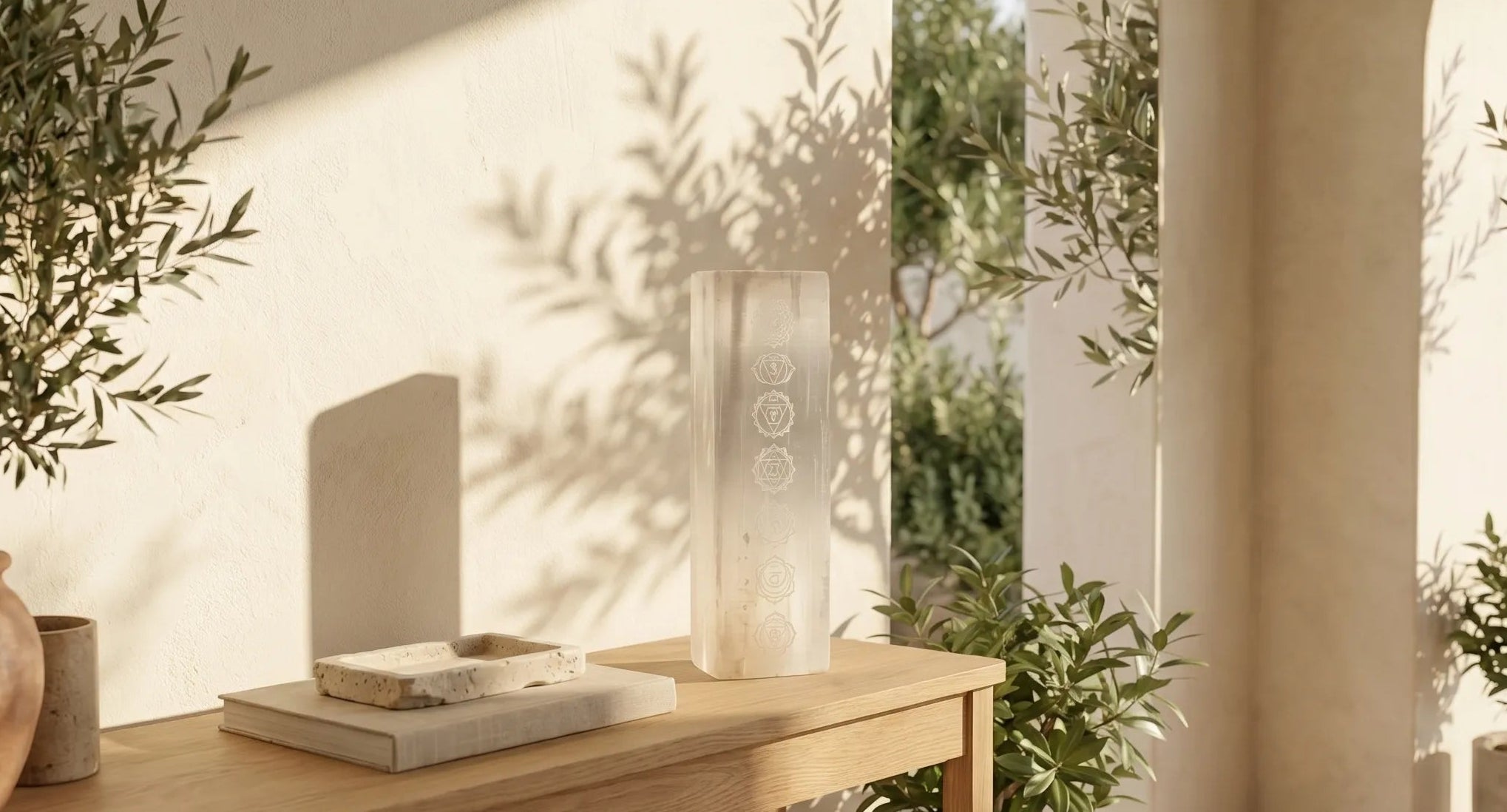 Lámpara de selenita chakras sobre mesa madera salón plantas sombras luz natural - Anna Piedra