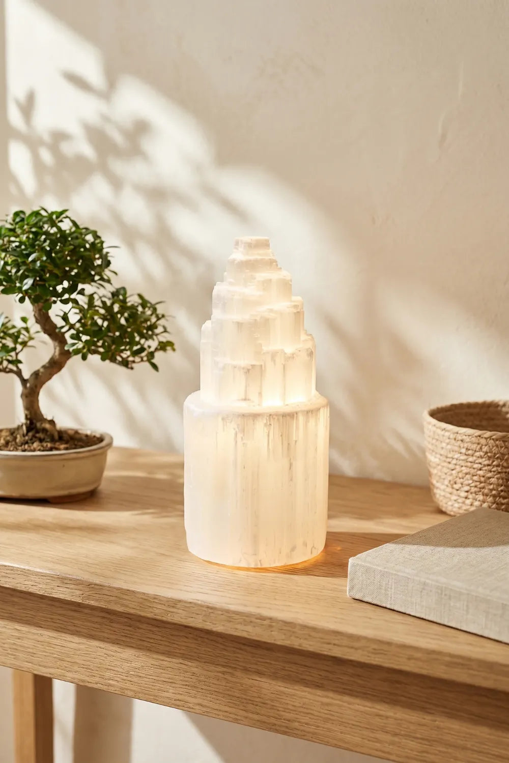 Lámpara de selenita blanca sobre mesa madera bonsai decoración natural luz - Anna Piedra