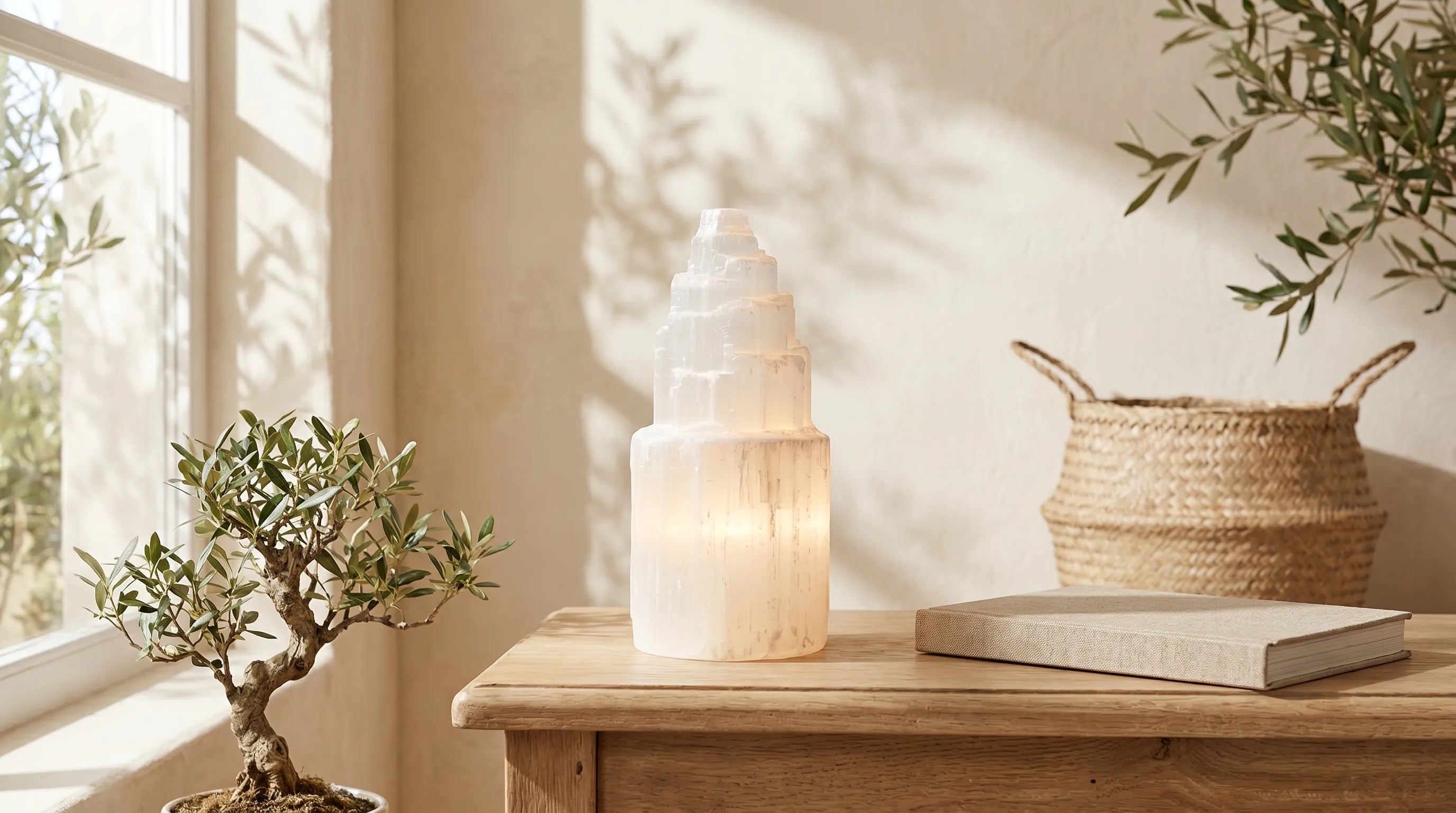 Lámpara de selenita sobre mesa madera junto bonsai luz ventana - Anna Piedra