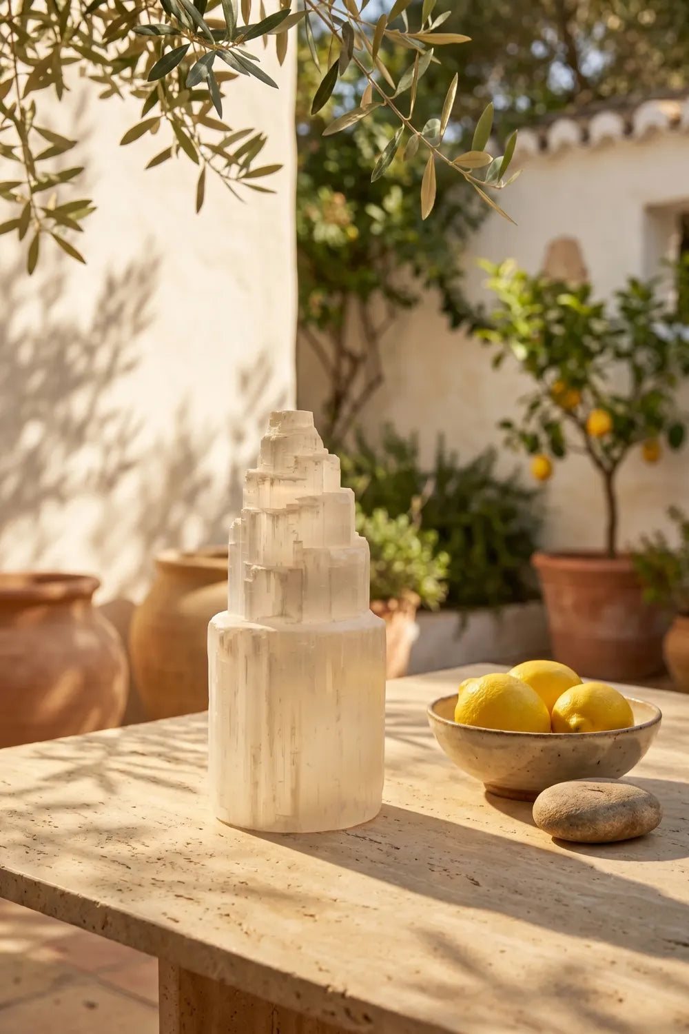 Lámpara de selenita blanca terraza piedra limones jardín mediterráneo - Anna Piedra