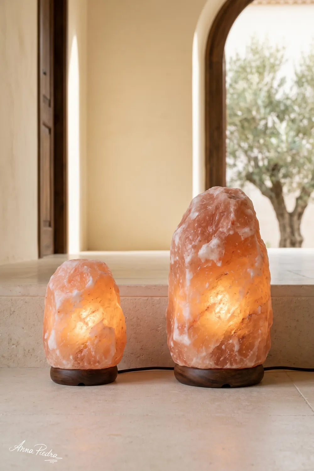 Lámpara de sal natural del Himalaya grande y pequeña encendidas sobre base de madera 