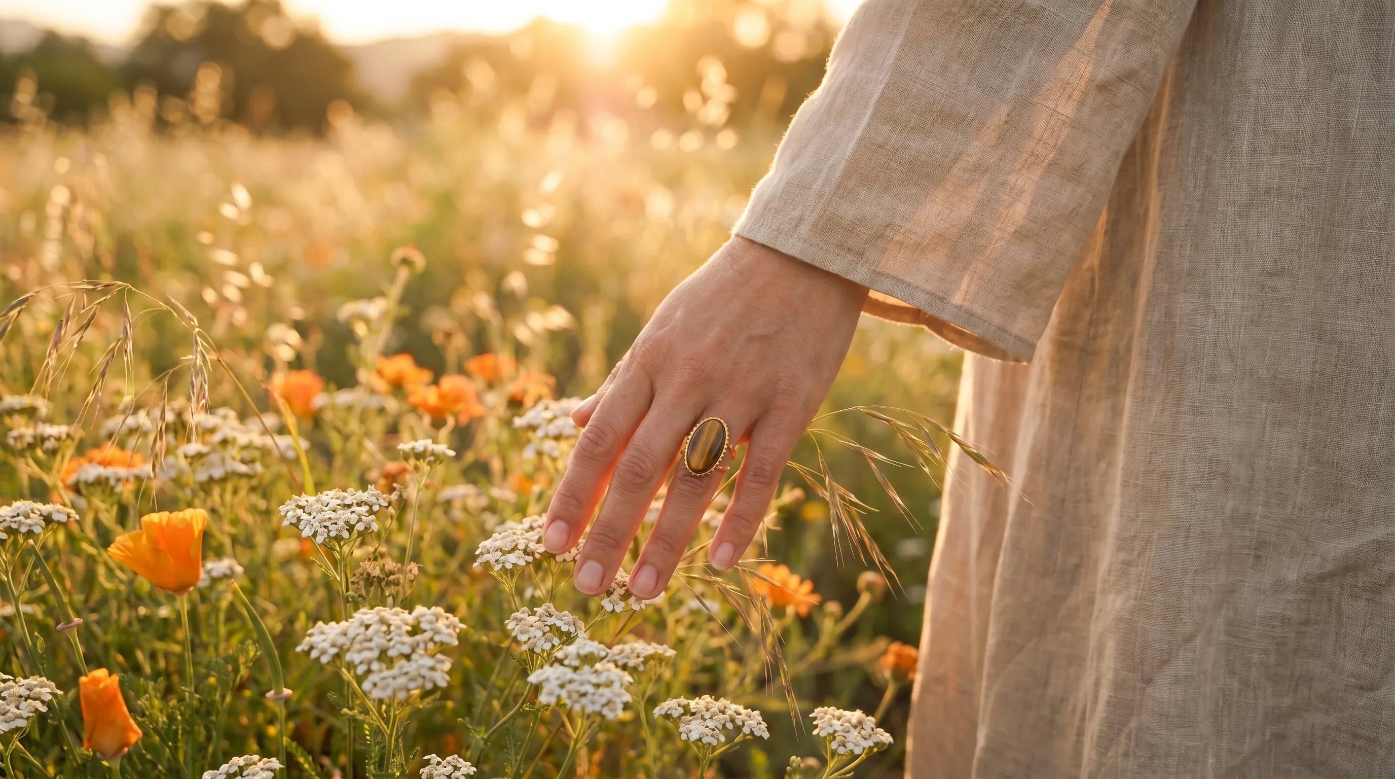 Mano de mujer con anillo con ojo de tigre entre flores silvestres al atardecer - Anna Piedra