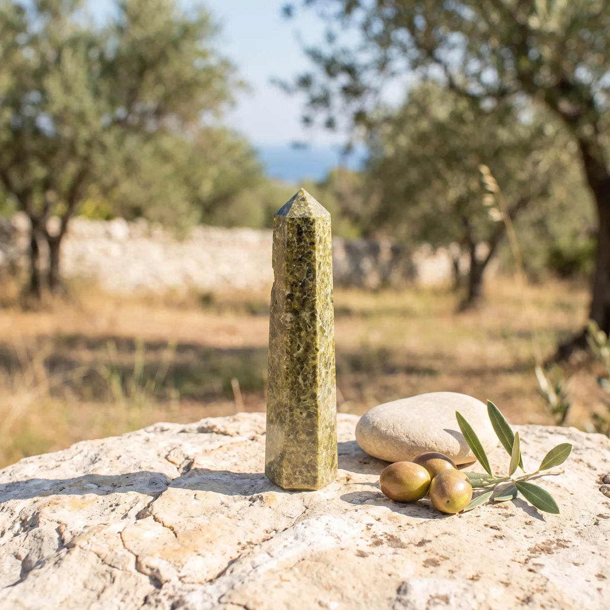 Obelisco de epidota de seis caras sobre una superficie de piedra en un entorno mediterráneo con olivos.