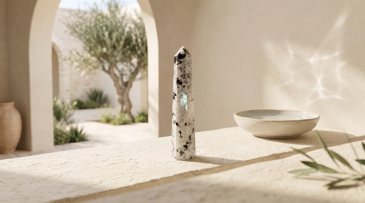 Obelisco de piedra luna arcoíris de seis caras colocado sobre una superficie de piedra clara, con cuenco cerámico y fondo mediterráneo