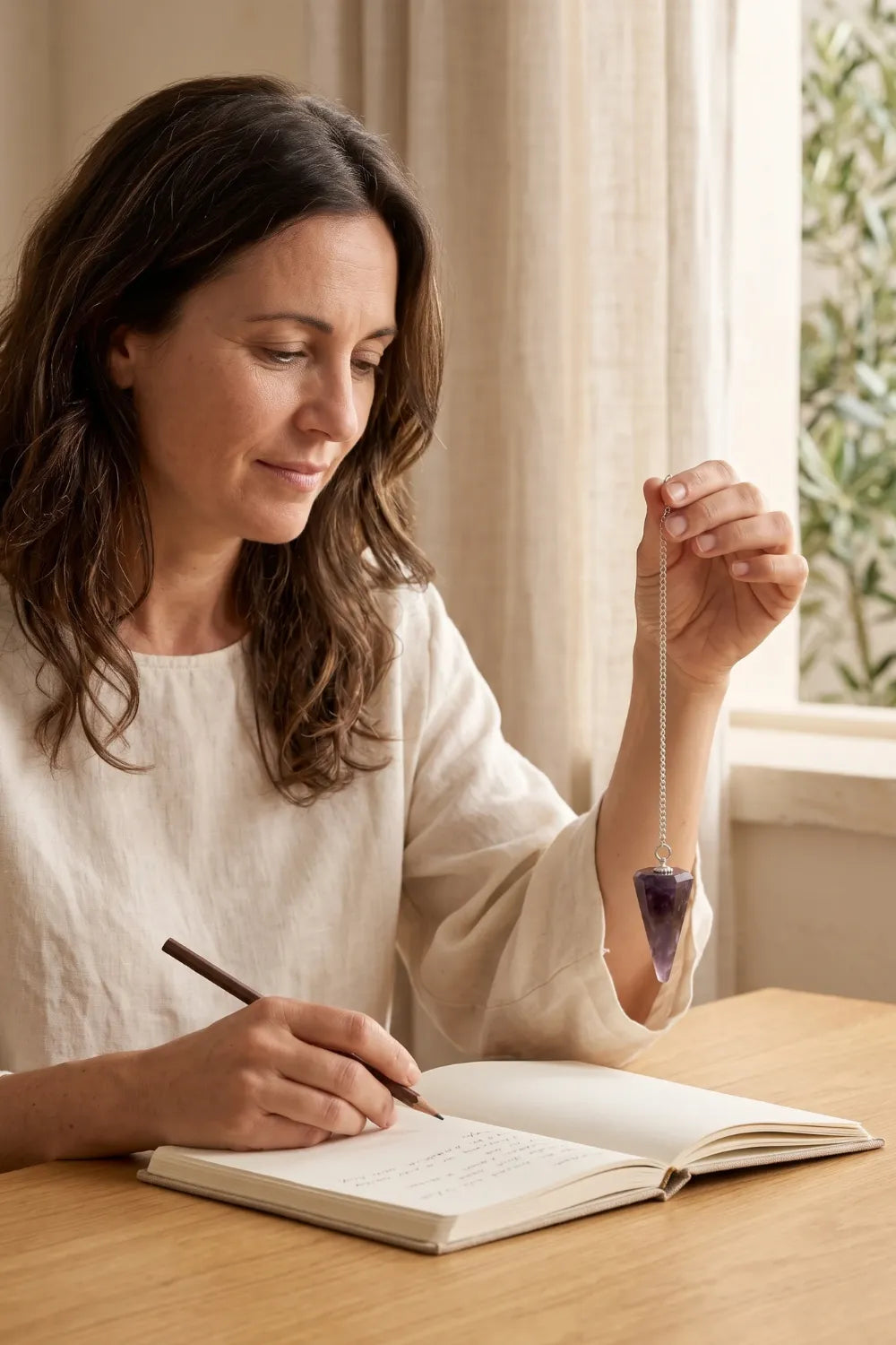 Mujer escribiendo en un cuaderno mientras sostiene un Péndulo de Amatista violeta con cadena plateada.