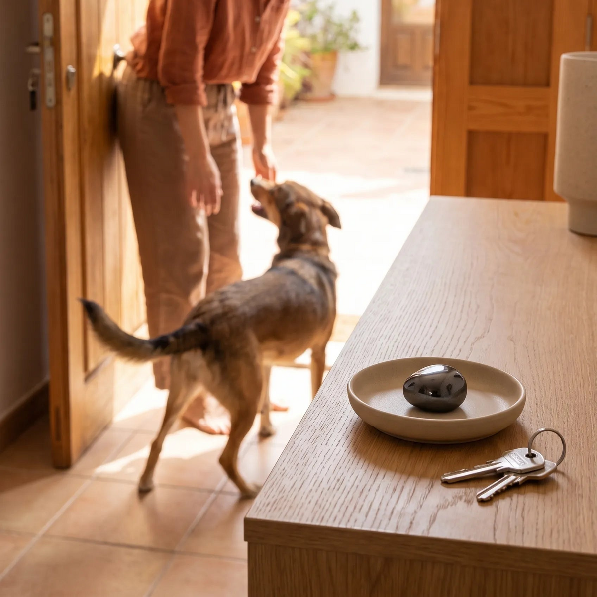 Piedra de hematita pulida sobre una bandeja junto a unas llaves, con una mujer y su perro entrando en casa.