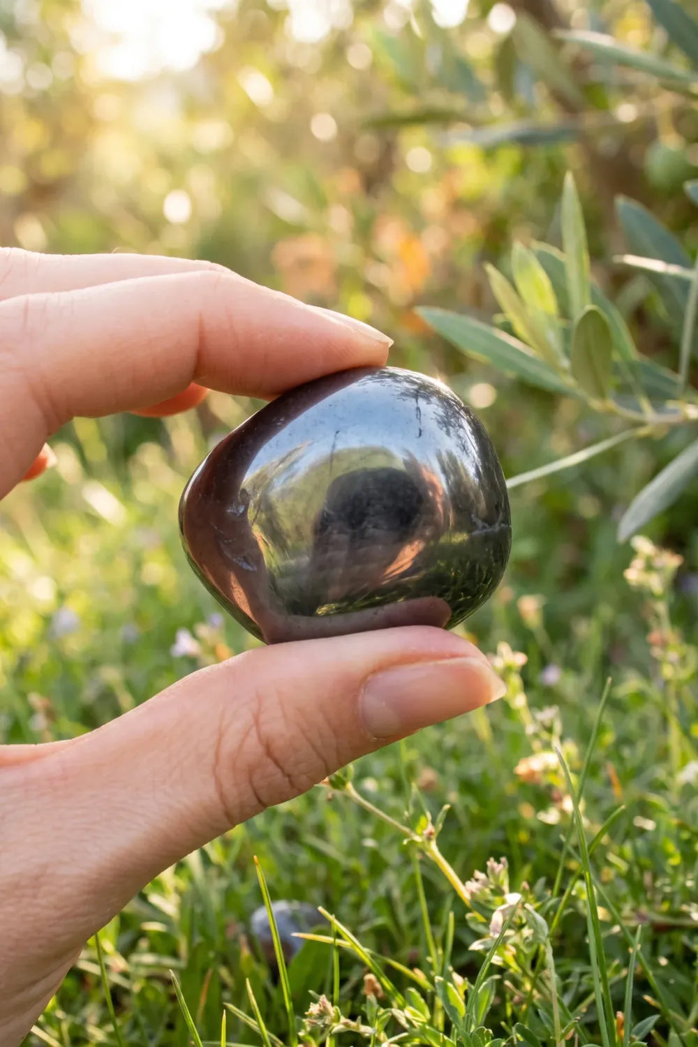 Piedra de hematita pulida sostenida entre los dedos en un jardín mediterráneo. anna piedra