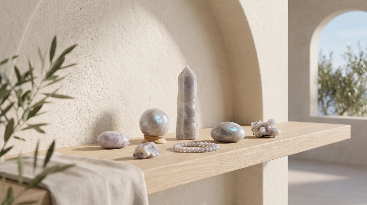 Colección de piedra luna natural con esfera, punta pulida, piedras rodadas, cristales en bruto y pulsera sobre una repisa de madera clara. anna piedra