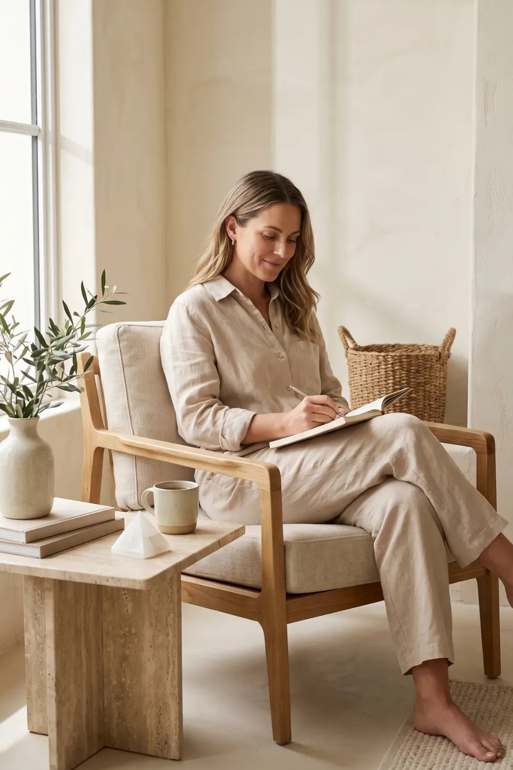 Mujer leyendo en un sillón junto a una mesa con velas y decoración natural, ambiente de calma - Anna Piedra