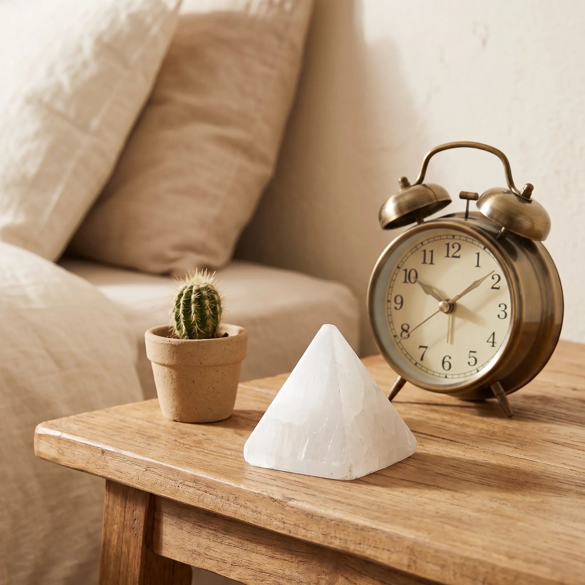 Pirámide de selenita natural sobre una mesita de noche junto a un reloj despertador vintage - Anna Piedra