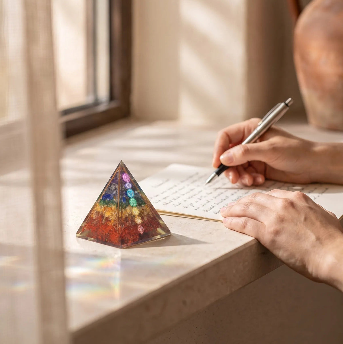 Pirámide de orgonita 7 chakras sobre un escritorio junto a una persona escribiendo en un cuaderno. anna piedra