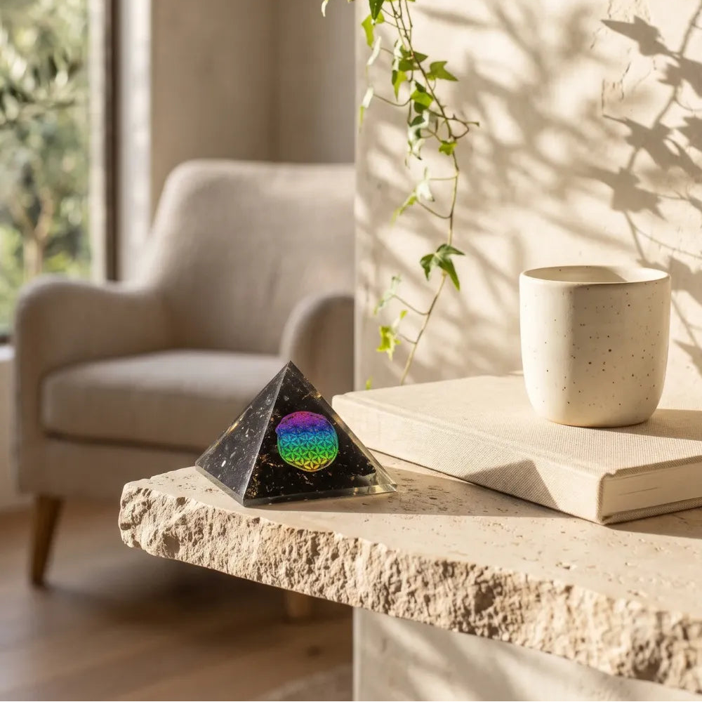 Pirámide de orgonita con Flor de la Vida sobre una repisa de piedra en un salón de tonos beige con plantas y luz natural.