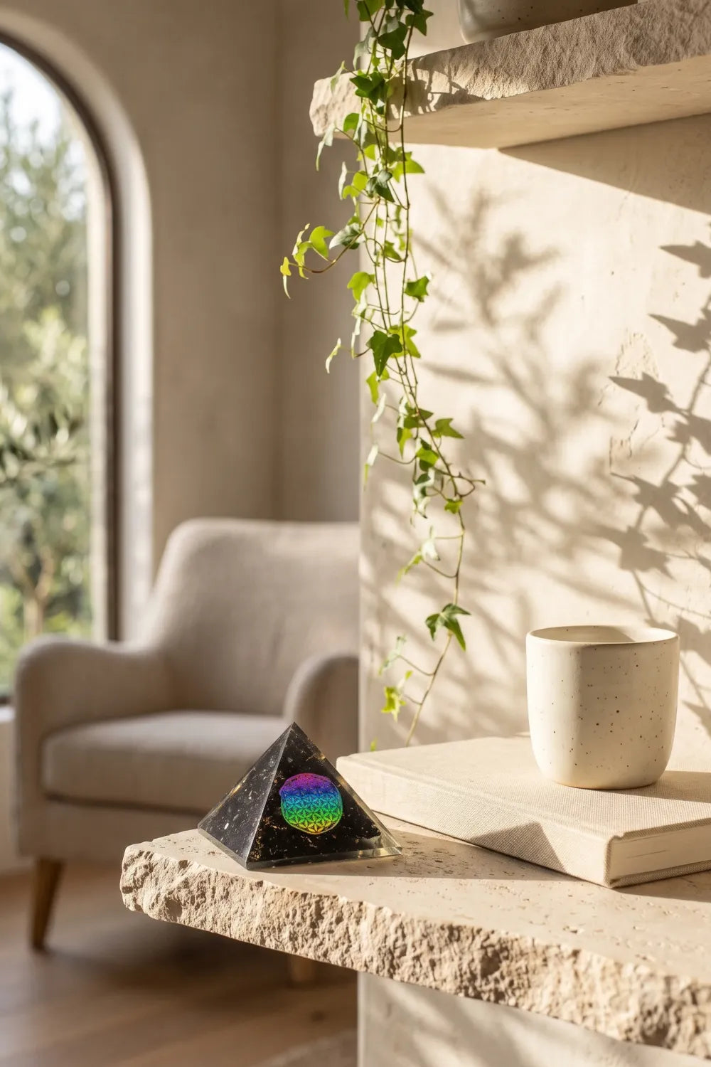 Pirámide de orgonita con Flor de la Vida multicolor decorando una repisa de piedra junto a un libro y una taza en un salón luminoso.