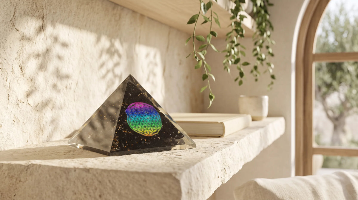 Pirámide de orgonita con Flor de la Vida multicolor sobre una estantería de piedra natural junto a una ventana luminosa.