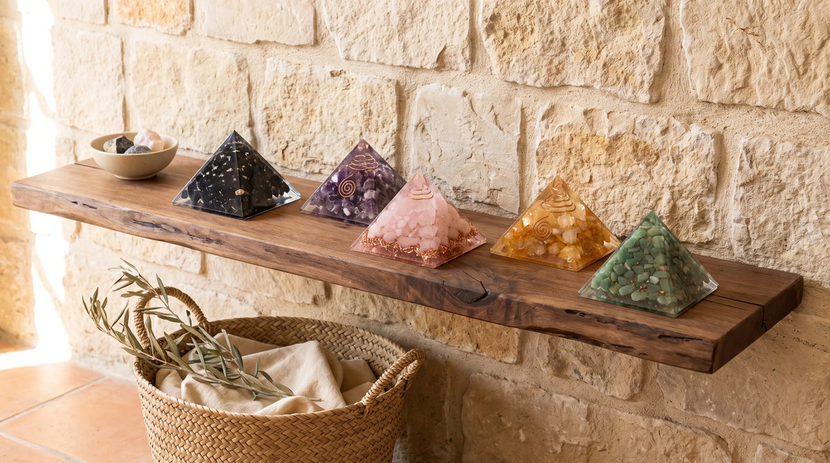 Colección de pirámides de orgonita con distintas piedras naturales sobre una estantería de madera frente a una pared de piedra. anna piedra