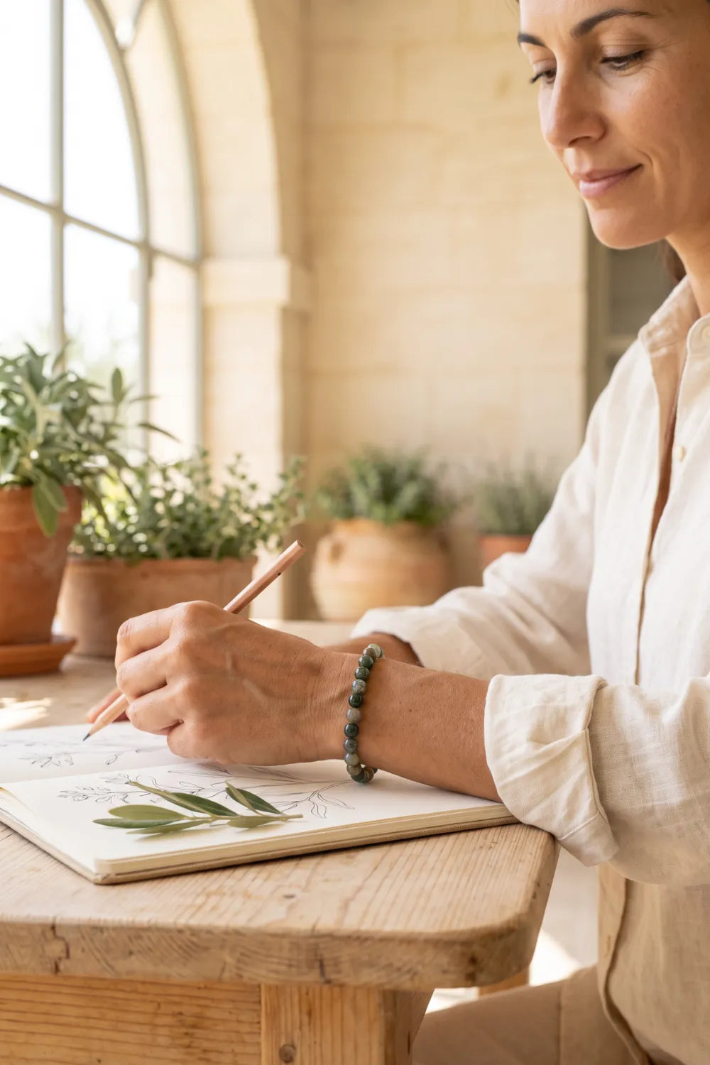 Pulsera de ágata musgosa de cuentas verdes y marrones en la muñeca de una mujer que dibuja plantas en un cuaderno junto a una ventana – Anna Piedra