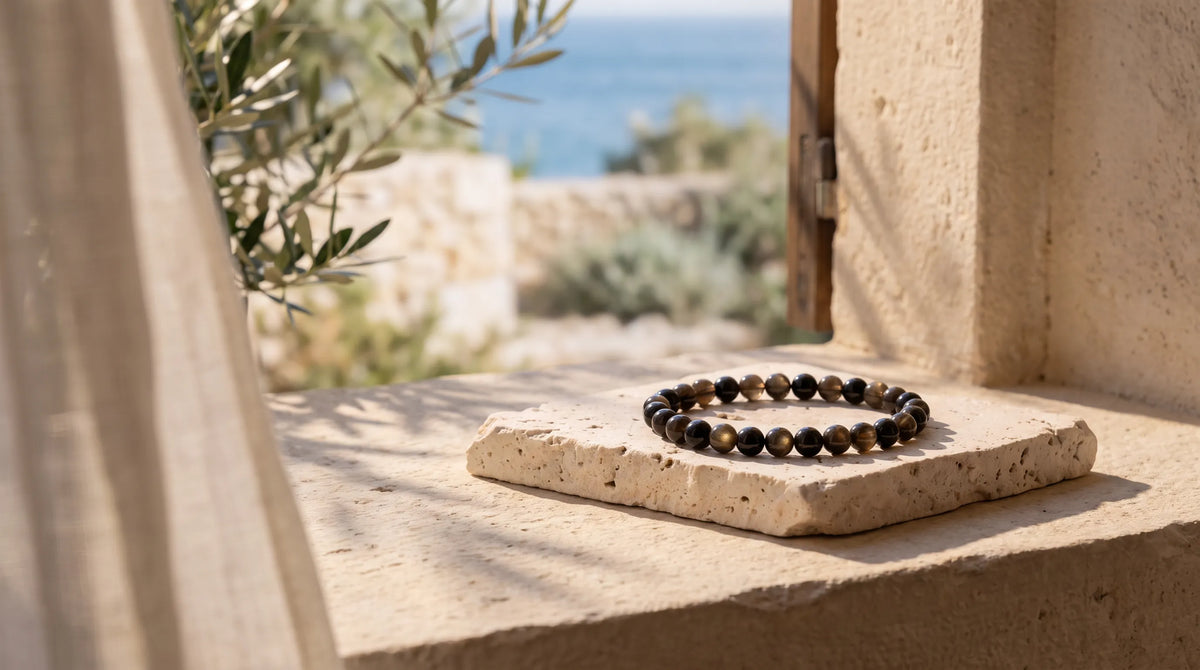 Pulsera de obsidiana dorada con cuentas negras y reflejos dorados sobre piedra natural, junto a una ventana con vistas al mar – Anna Piedra