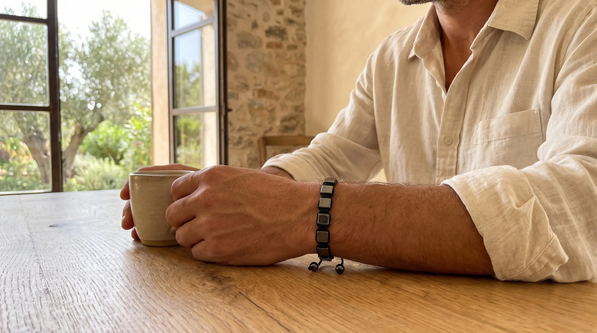 Hombre llevando una pulsera de hematita shamballa ajustable mientras sostiene una taza en una mesa de madera. anna piedra