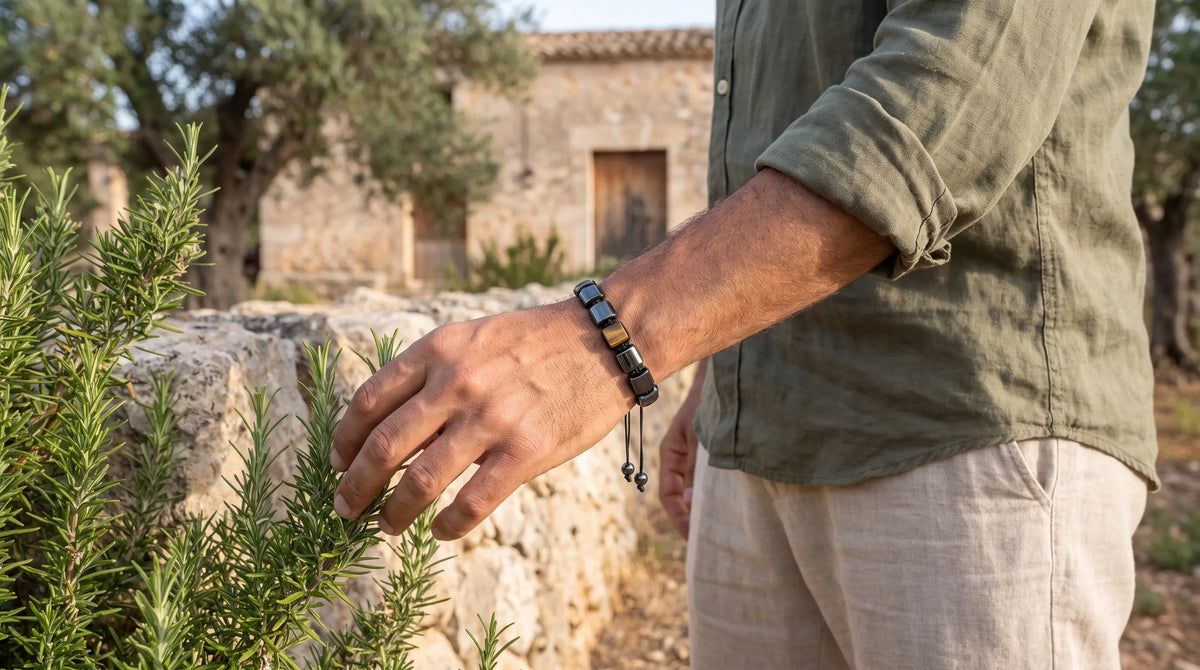 Hombre llevando una pulsera de hematita y ojo de tigre con cierre ajustable en un entorno mediterráneo. anna piedra