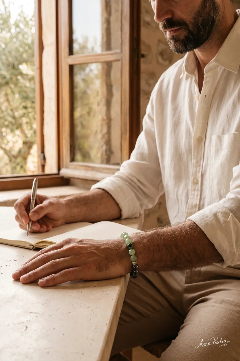Hombre con camisa de lino escribiendo en un cuaderno mientras luce una pulsera de jade verde y hematita en la muñeca.