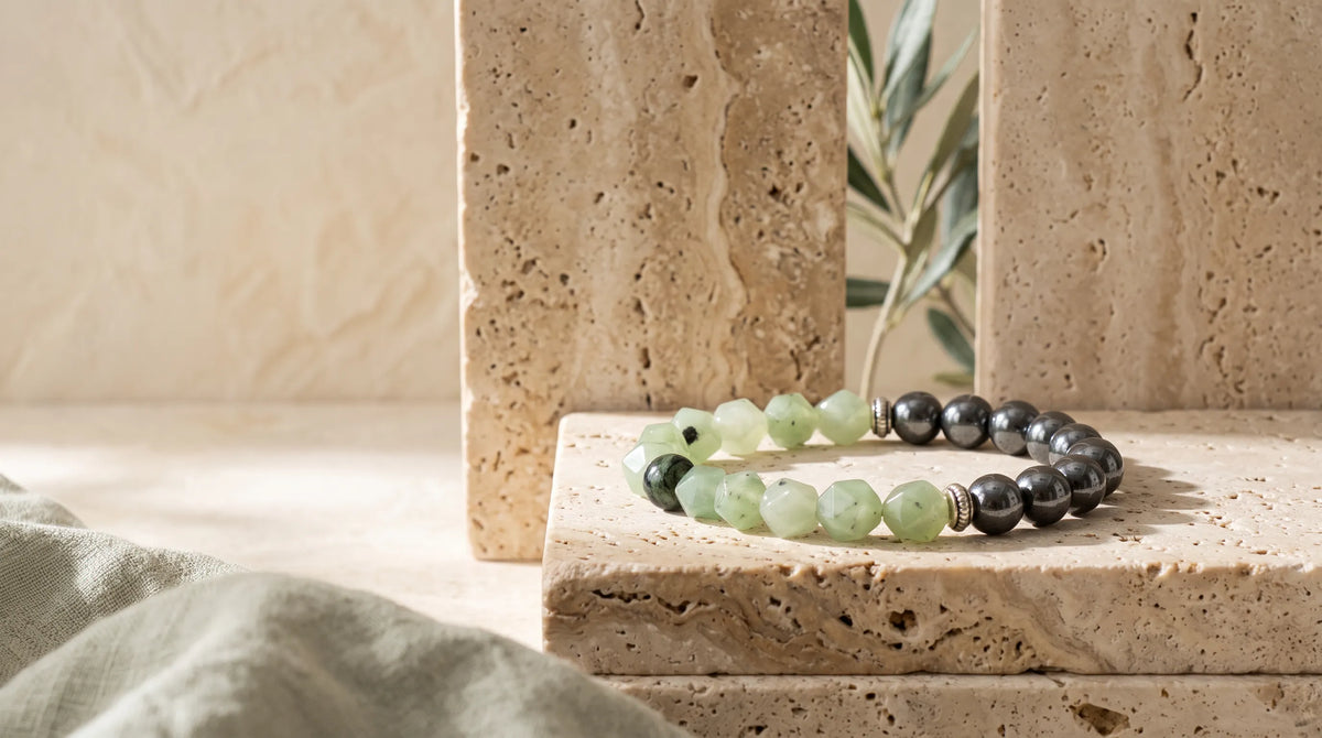 Pulsera de jade verde facetado y hematita de brillo metálico con separadores plateados, presentada sobre piedra de travertino beige.