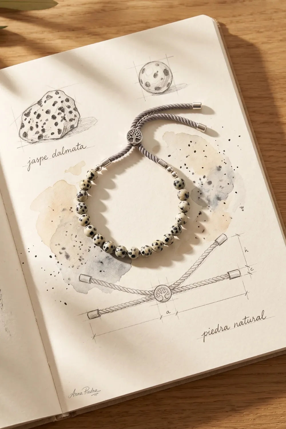 Pulsera de jaspe dálmata sobre boceto artesanal en cuaderno con anotaciones - Anna Piedra