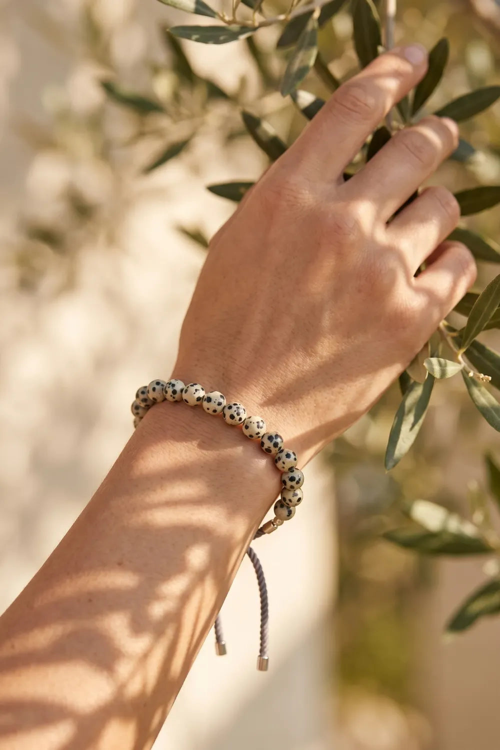 Pulsera de jaspe dálmata en muñeca de mujer junto a olivo - Anna Piedra