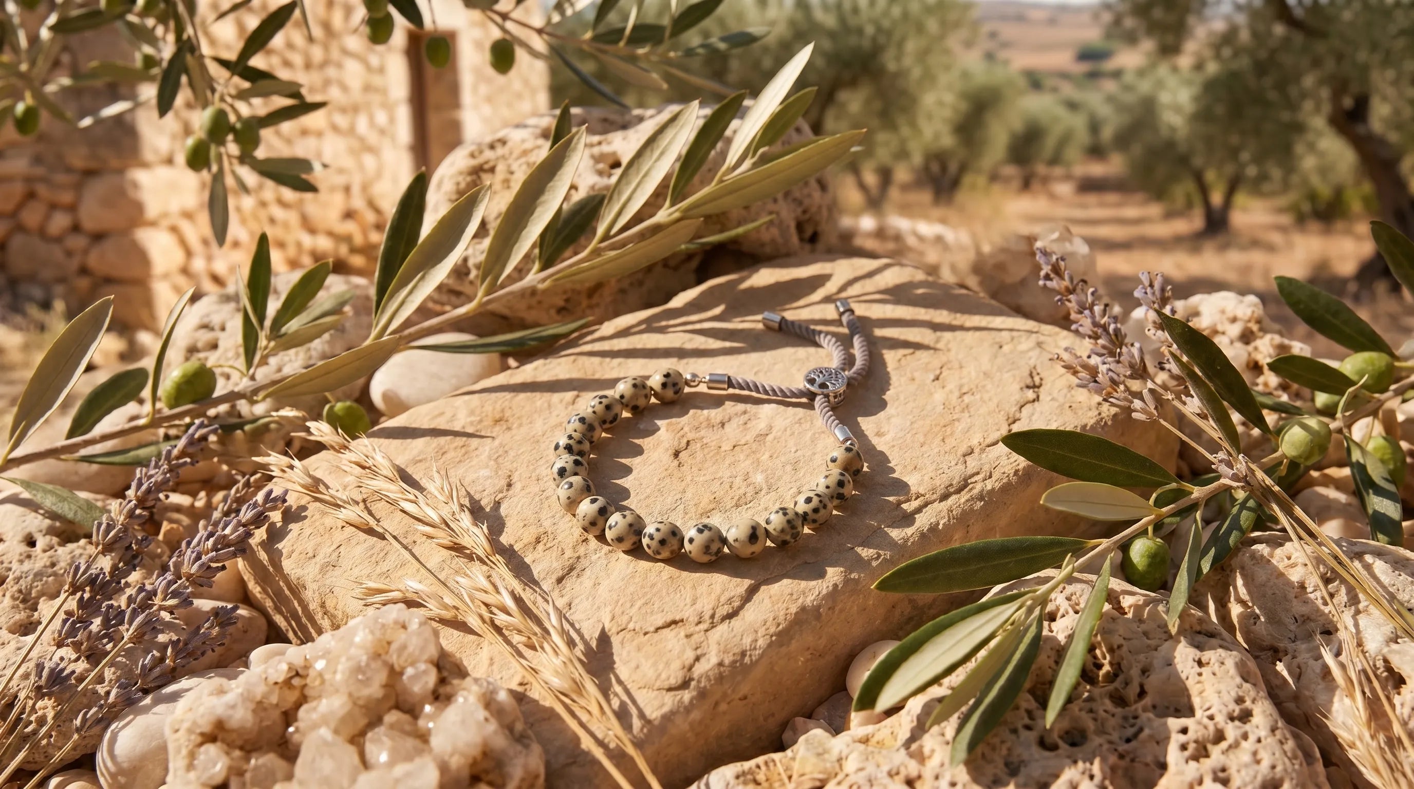 Pulsera de jaspe dálmata sobre piedra natural con olivo y lavanda - Anna Piedra