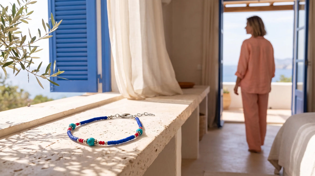 Pulsera nepalí de ónix azul colocada sobre un alféizar de piedra junto a una ventana abierta con vistas al mar anna piedra