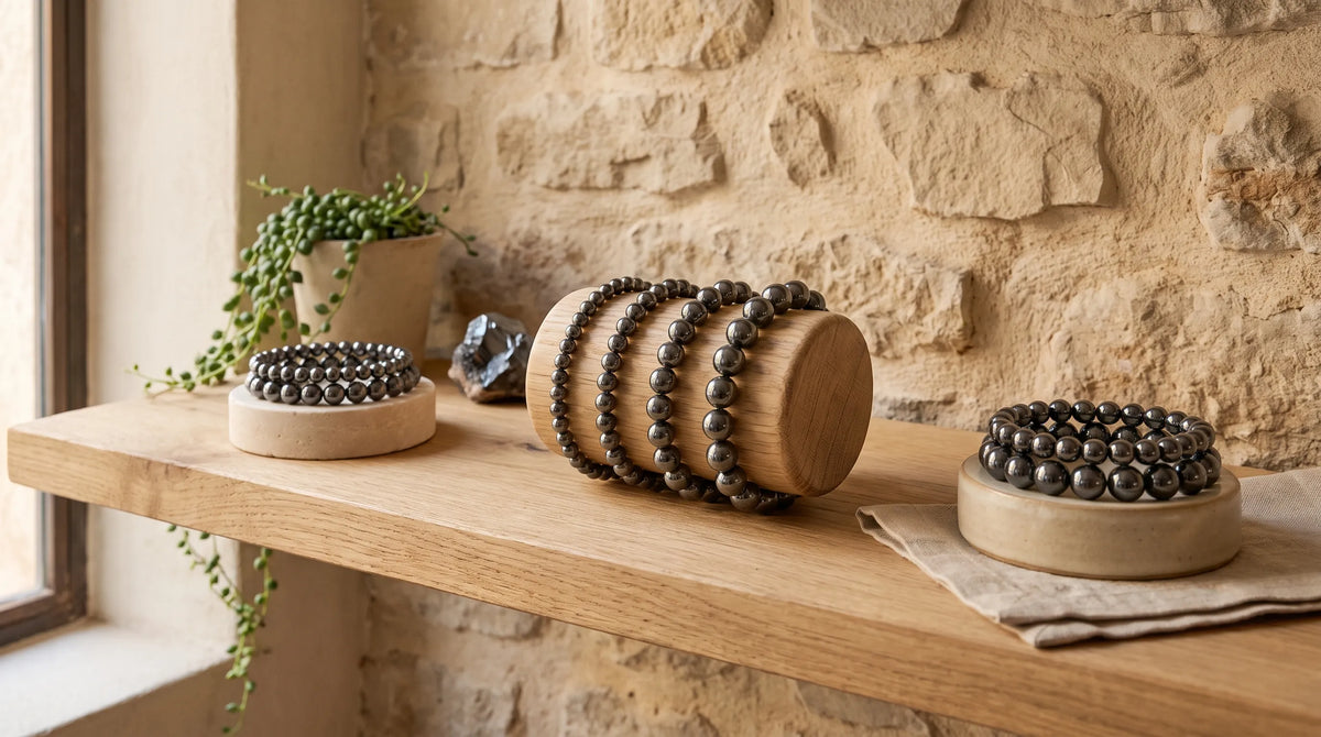 Pulseras de hematita de distintos tamaños expuestas sobre soportes de madera en una estantería de piedra natural. anna piedra