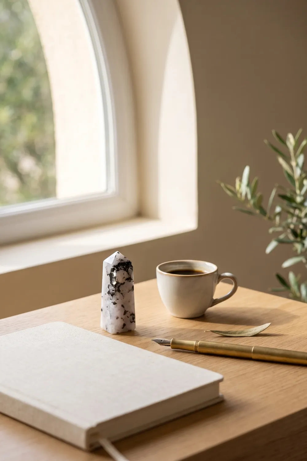 Punta de piedra luna pulida sobre un escritorio de madera, junto a una taza de café, un cuaderno y una pluma
