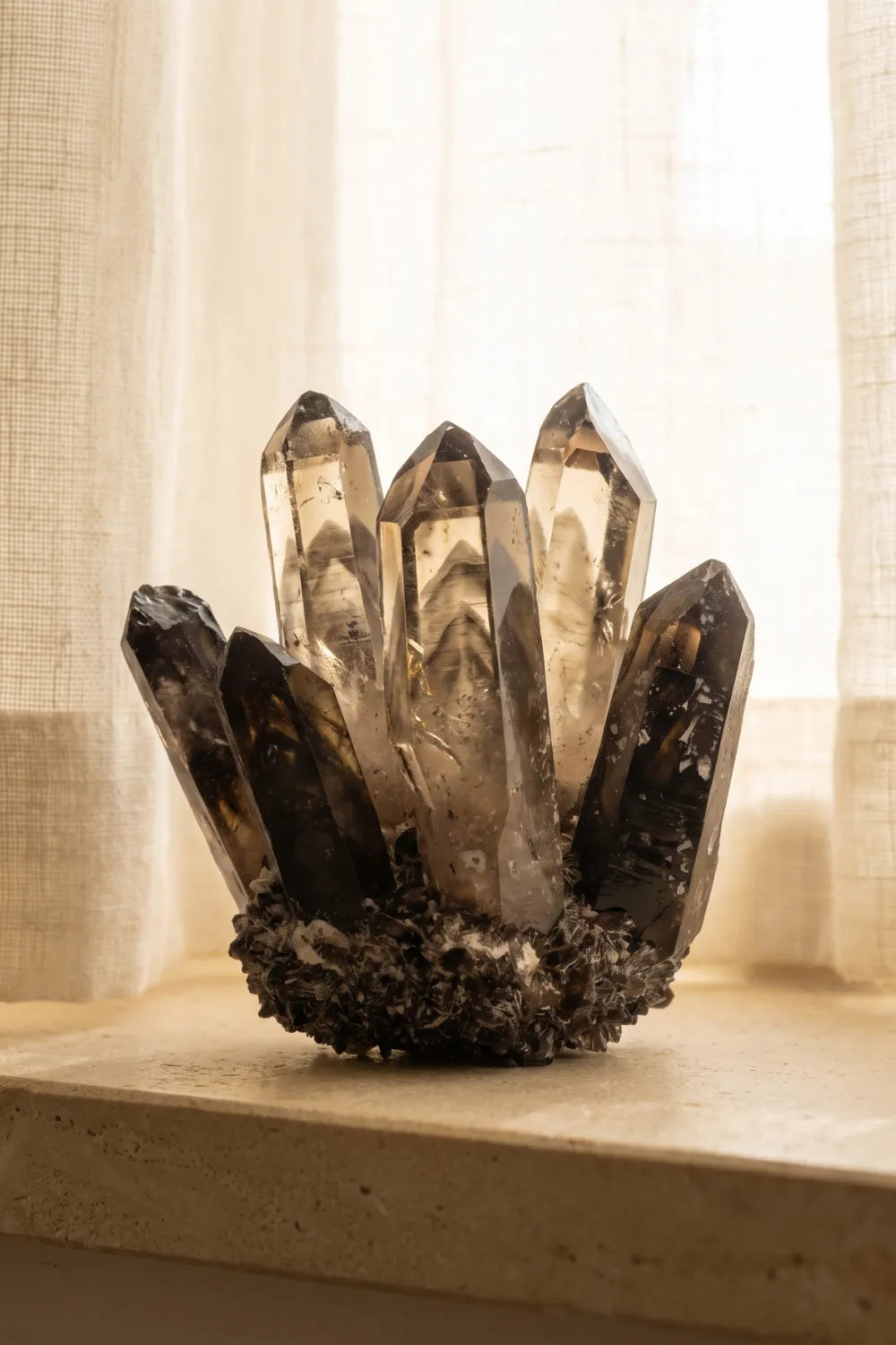 Detalle de las puntas y cristales translúcidos de un racimo de cuarzo ahumado natural anna piedra