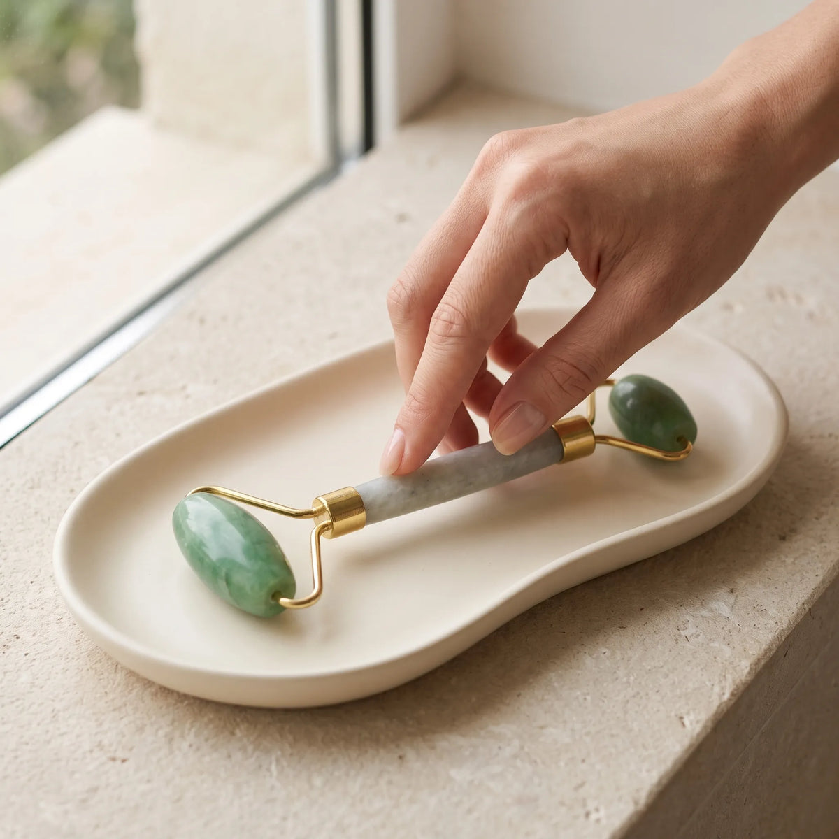 Mano colocando un rodillo de jade sobre una bandeja de cerámica clara junto a una ventana.