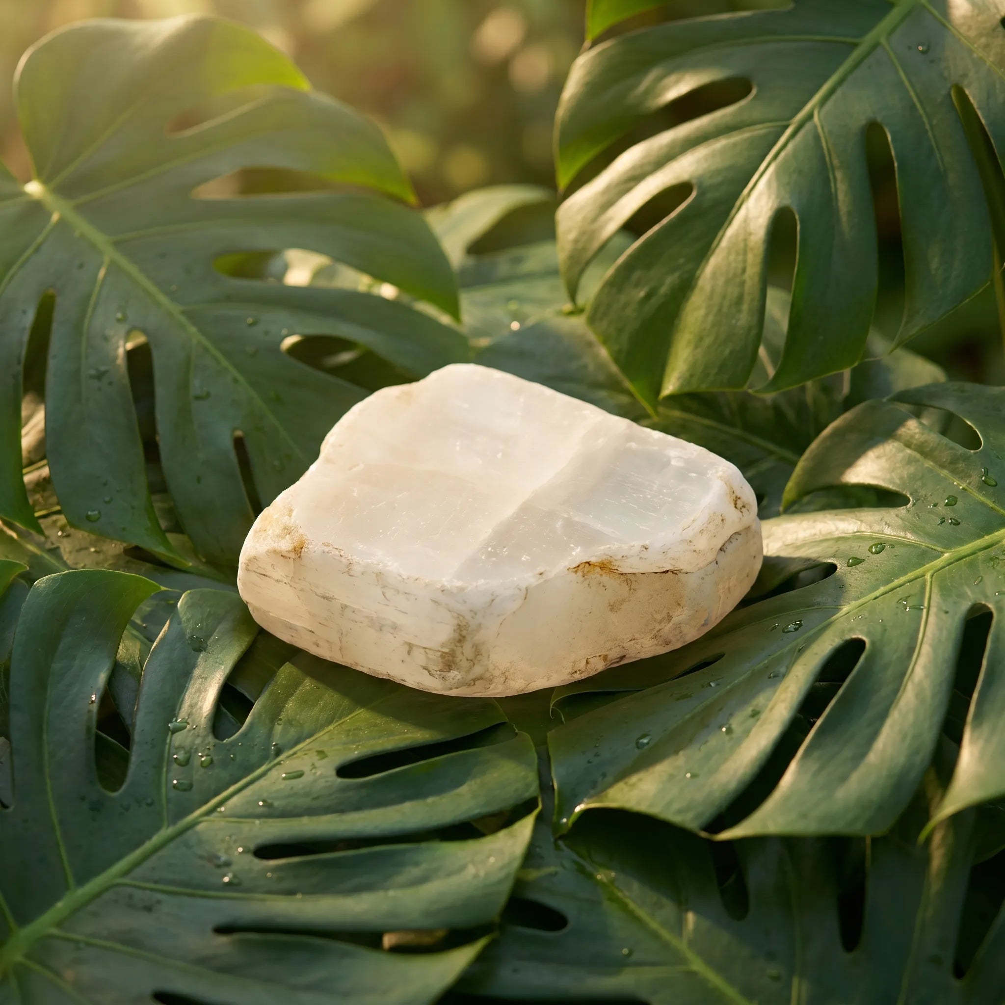 Piedra de selenita natural blanca translúcida sobre fondo vegetal - Anna Piedra