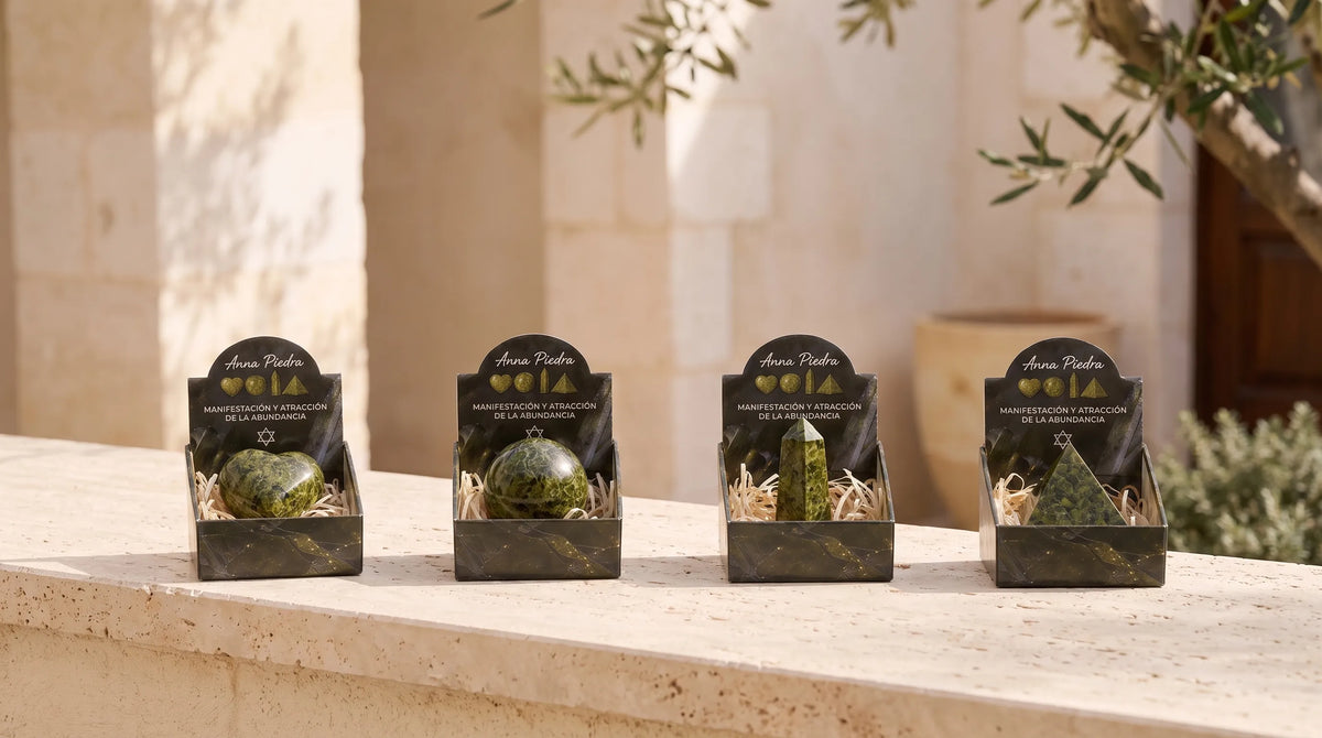 Set de epidota natural con corazón, esfera, obelisco y pirámide presentados en sus cajas Anna Piedra.