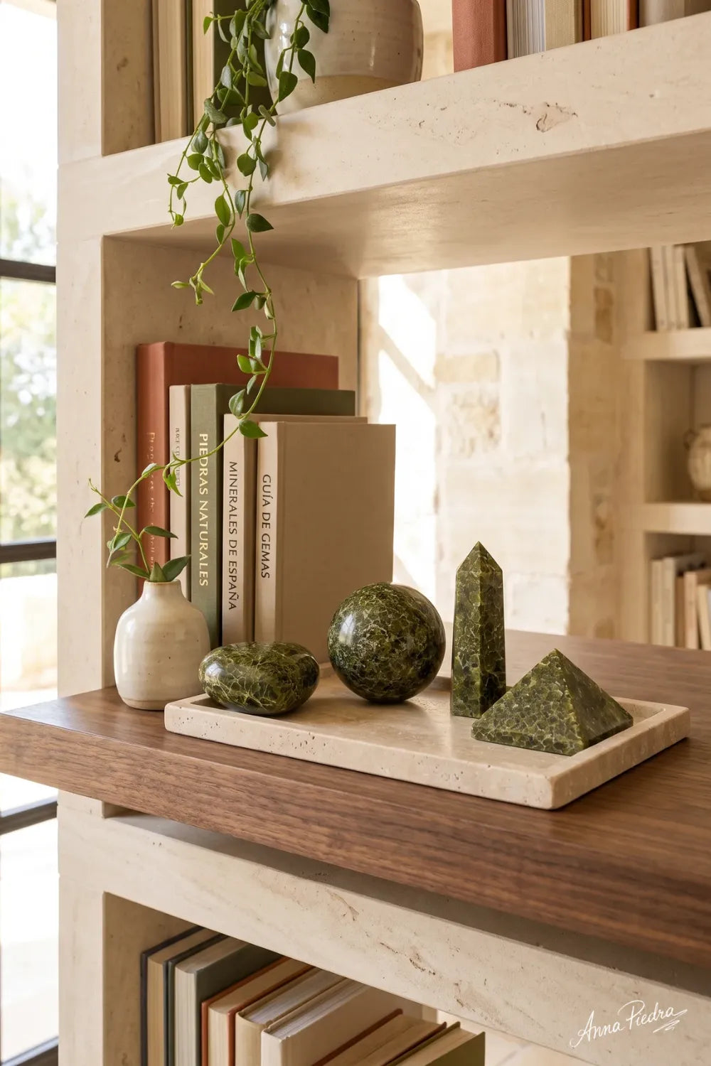Set de epidota en cuatro formas colocado sobre una estantería junto a libros y decoración natural.