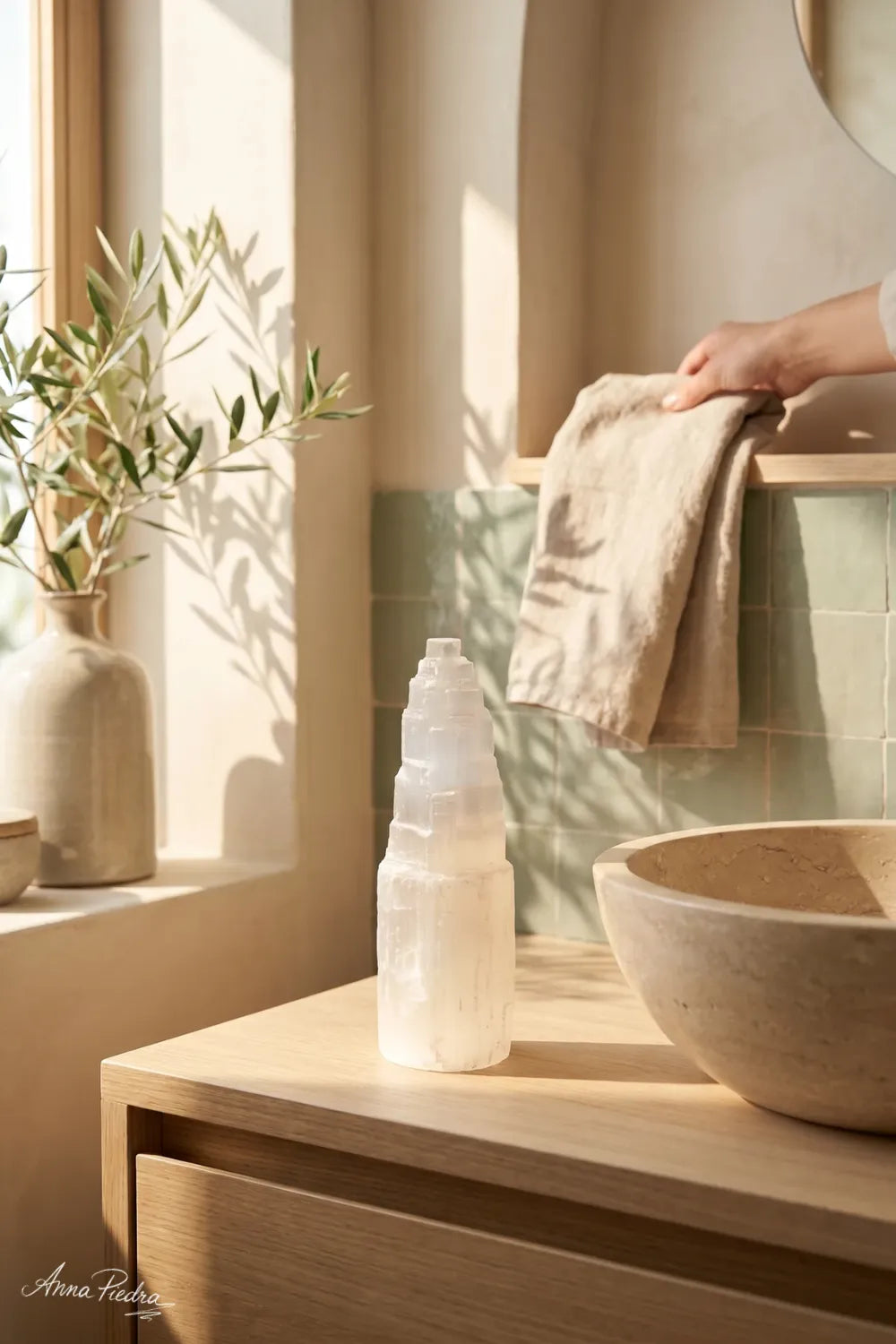 Torre de selenita blanca sobre mueble baño con luz natural y plantas - Anna Piedra