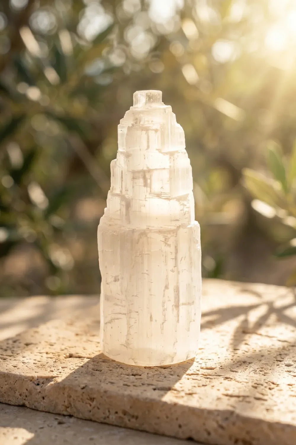 Torre de selenita natural blanca sobre piedra con luz natural exterior - Anna Piedra